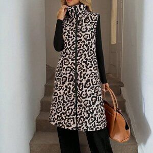 Casual Women's Leopard print Zip up Long Vest Jacket With Pockets